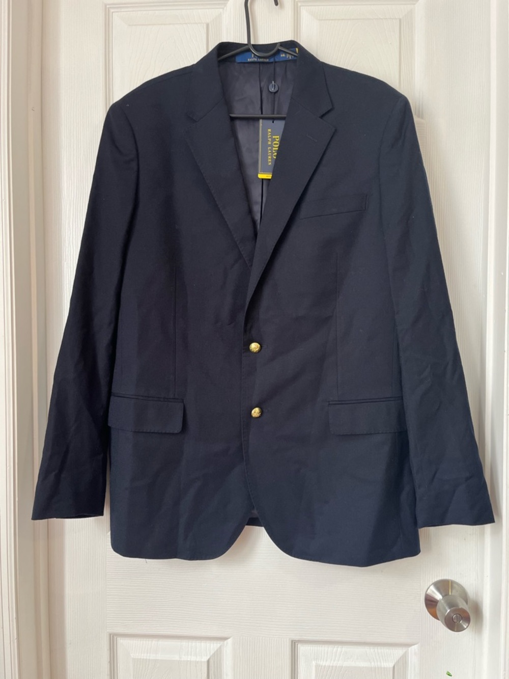 Polo Ralph Lauren Navy Two-Button Gold Wool-Blend Gabardine Blazer size 44L READ - Picture 3 of 11